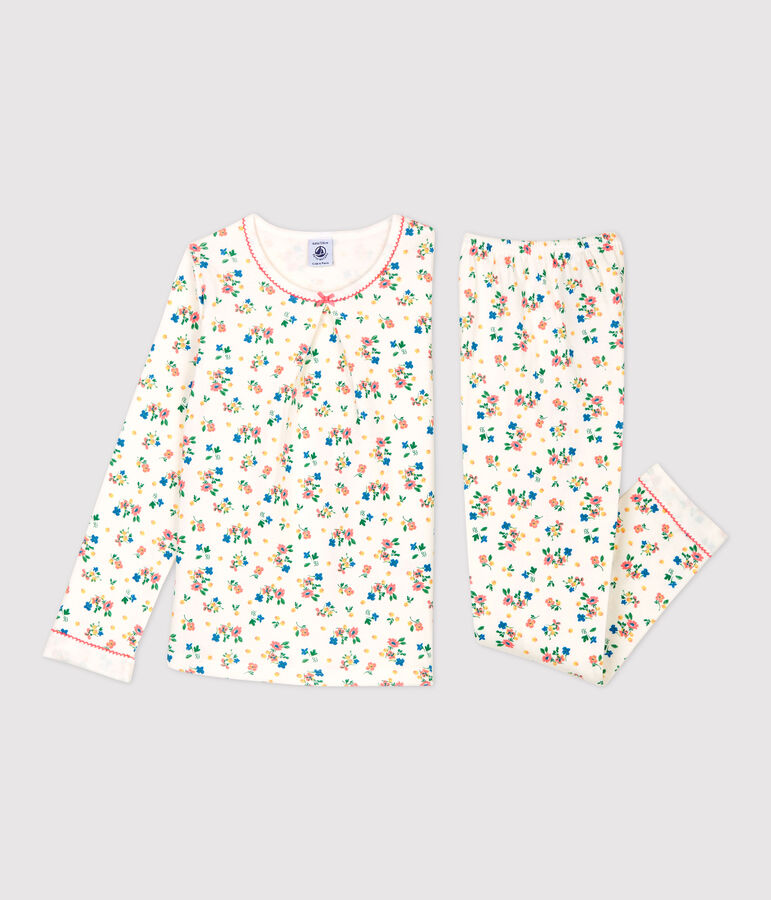 Kinderpyjama aus Doppeljersey mit Blumenmotiv f&uuml;r M&auml;dchen weiss MARSHMALLOW/weiss MULTICO